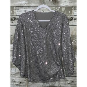 New Design Womens Gray Sparkle 3/4 Sleeve V Neck Top Size XL
